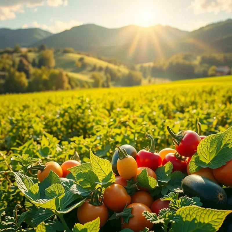 A vibrant orchard filled with fresh, organic produce under the warm sun.