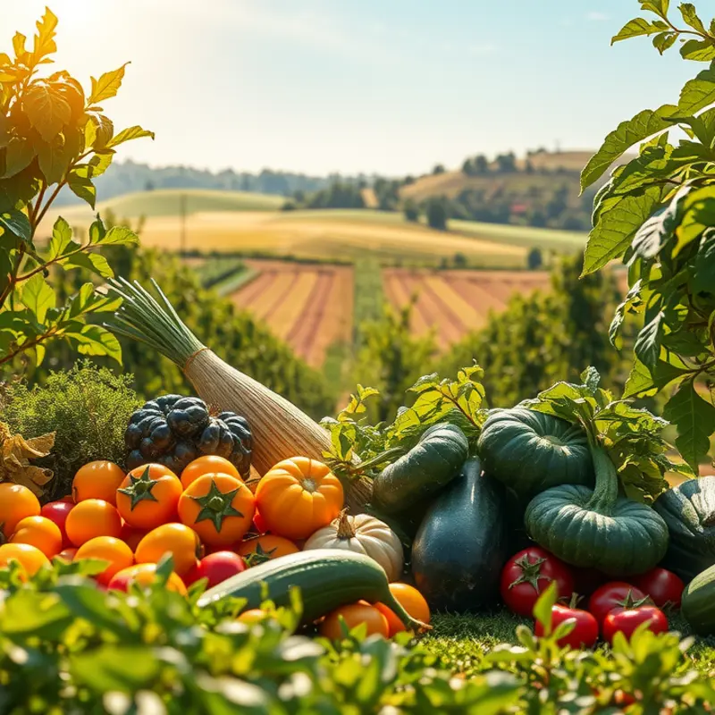 A sunlit field brimming with organic vegetables and fruits.