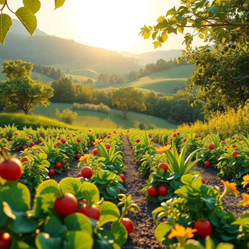A serene sunlit field of vibrant fruits and vegetables, symbolizing the abundance of healthy choices.