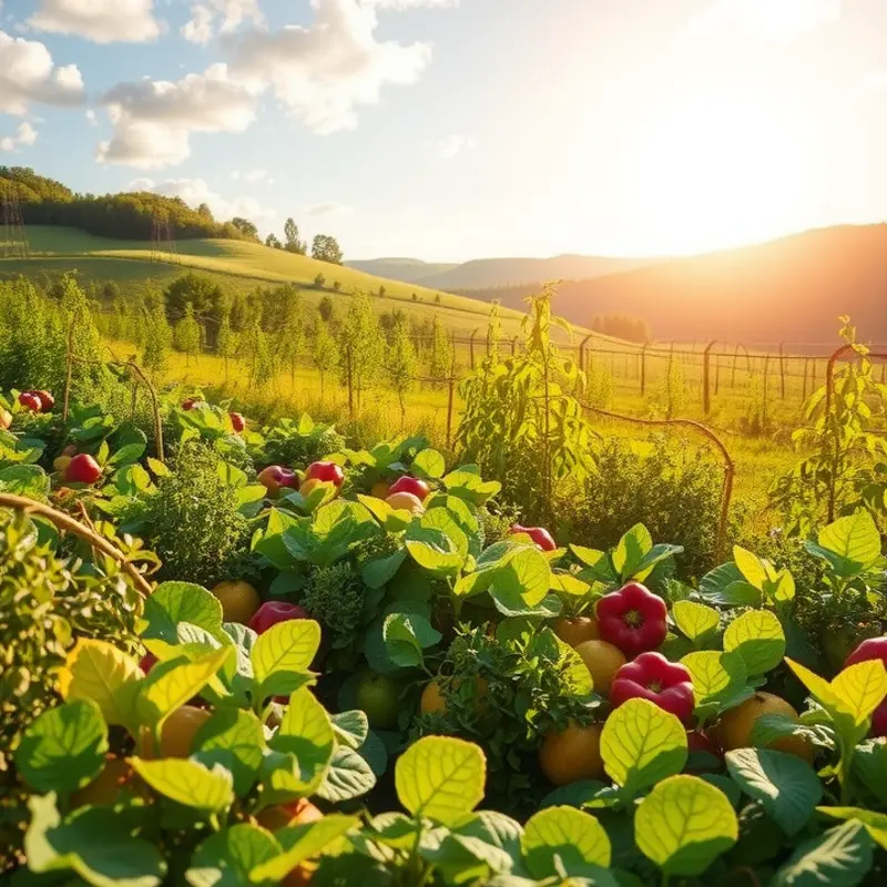 A sunlit field filled with vibrant vegetables and fruits, showcasing the abundance of organic produce.