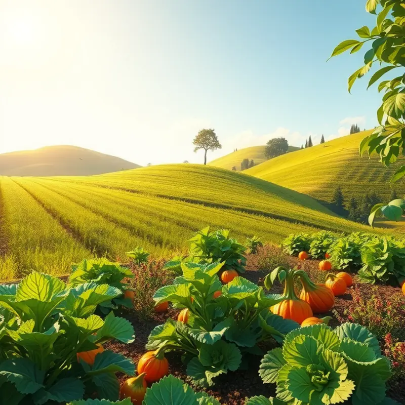 A sunlit field filled with vibrant fruits and vegetables.