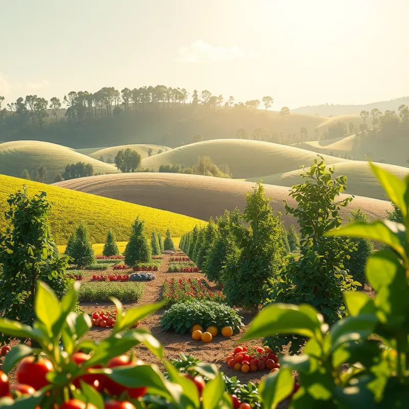 A sunlit field showcasing vibrant fruits and vegetables among lush greenery.