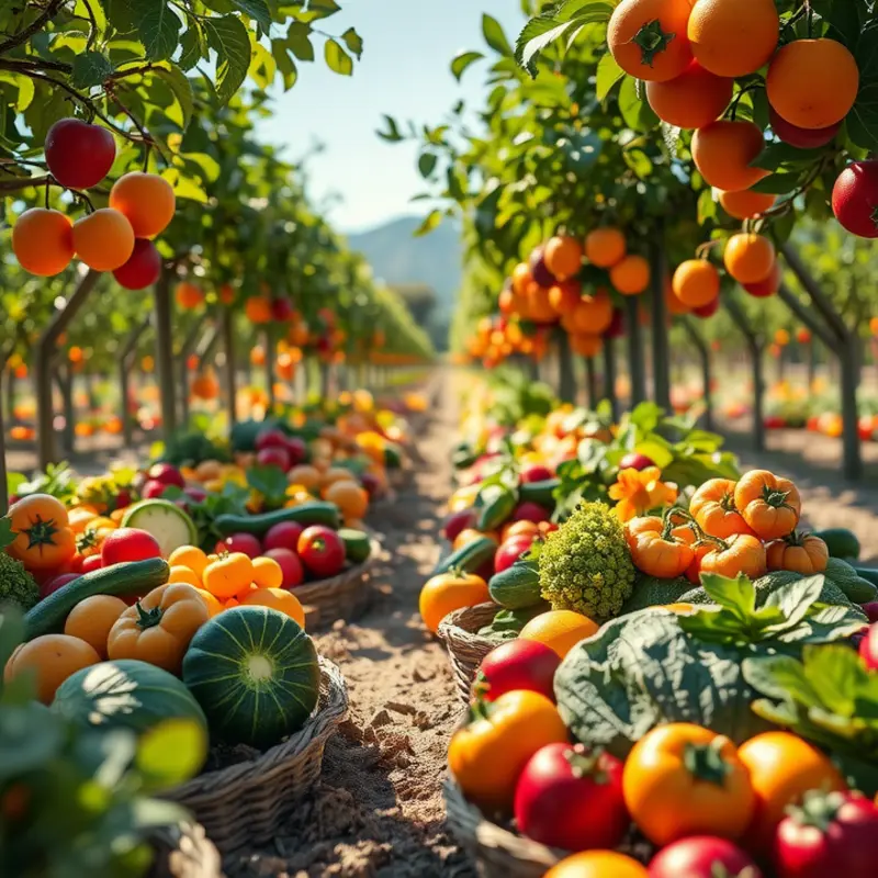 A vibrant sunlit field filled with organic produce.