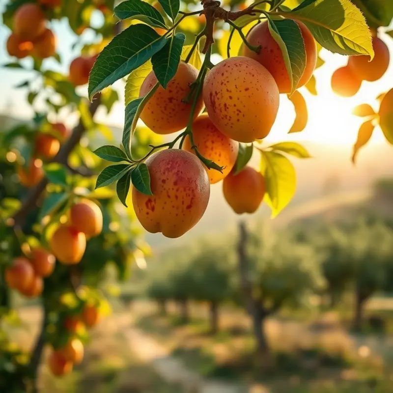 A vibrant sunlit field filled with organic fruits and vegetables.