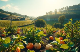 A picturesque orchard with an abundance of ripe fruits growing on trees under warm sunlight.
