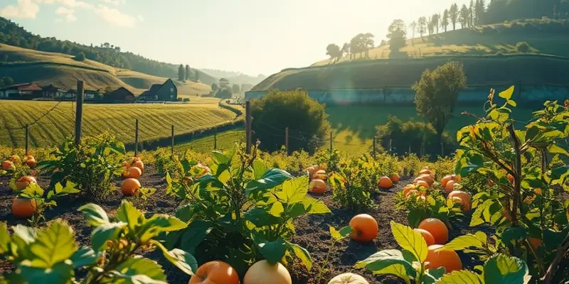 A picturesque orchard with an abundance of ripe fruits growing on trees under warm sunlight.