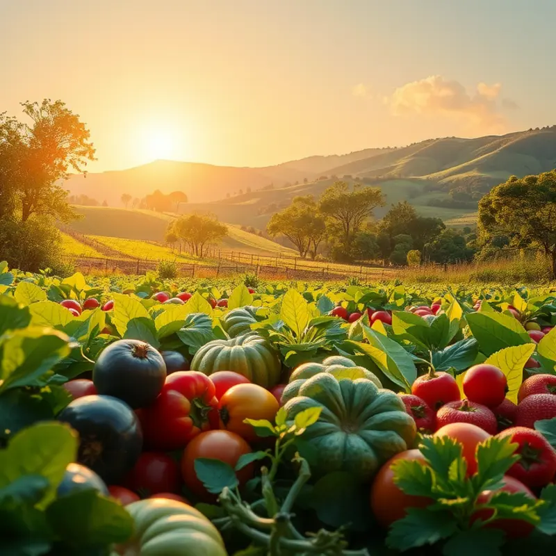 A sunlit field showcasing fresh vegetables and fruits among lush greenery.
