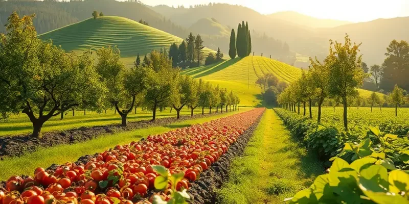 A beautiful landscape filled with organic vegetables and fruits in a sunlit field.