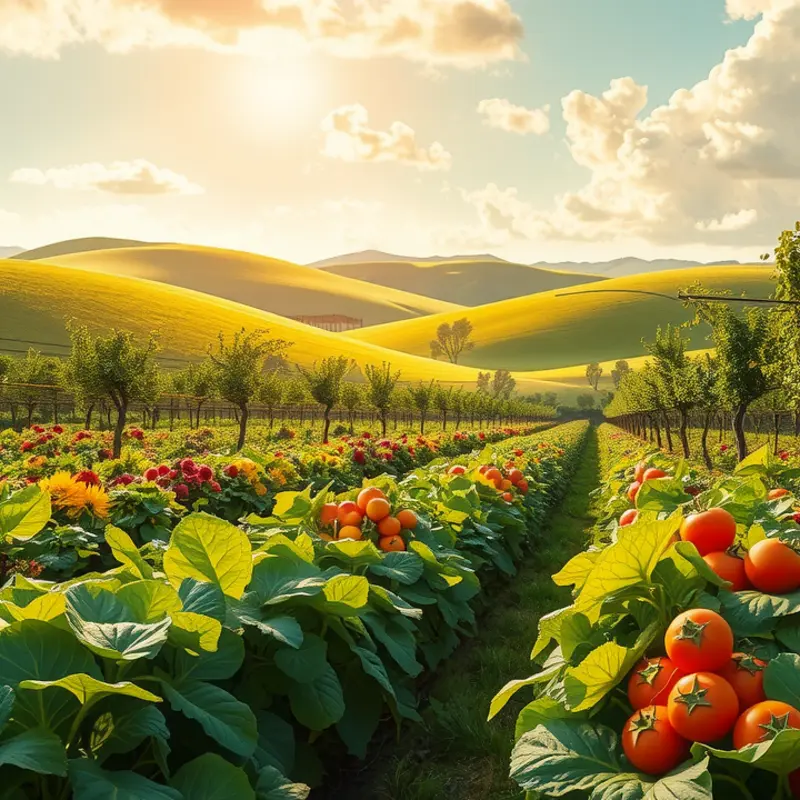 A serene orchard filled with vibrant fruits and vegetables, showcasing natural beauty.