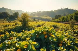 A vibrant and lush organic garden bursting with fruits and vegetables, bathed in golden sunlight.