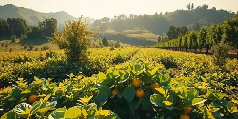 A vibrant and lush organic garden bursting with fruits and vegetables, bathed in golden sunlight.