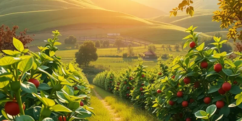A bright and vivid view of a garden rich with organic fruits and vegetables.