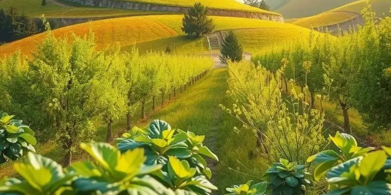 An expansive orchard filled with fresh, organic fruits and vegetables in a natural setting.