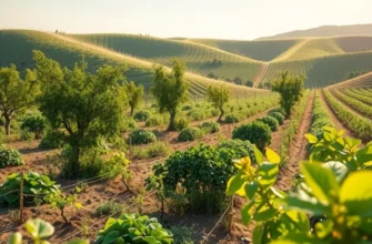 A sunlit organic landscape filled with fresh vegetables and fruits growing abundantly in a natural setting.
