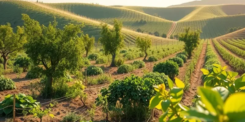 A sunlit organic landscape filled with fresh vegetables and fruits growing abundantly in a natural setting.