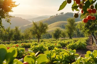 A vibrant organic landscape showcasing an array of healthy vegetables and fruits in nature's embrace.