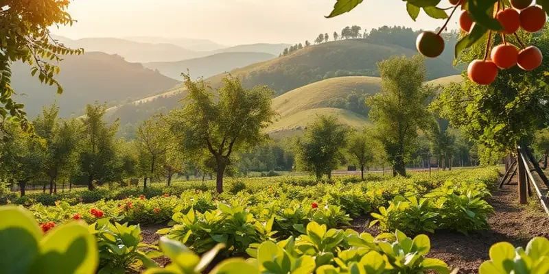A vibrant organic landscape showcasing an array of healthy vegetables and fruits in nature's embrace.