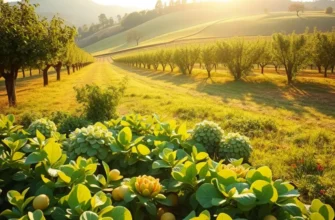A beautiful landscape showcasing an abundance of vibrant organic crops under soft sunlight.