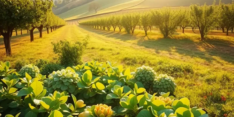 A beautiful landscape showcasing an abundance of vibrant organic crops under soft sunlight.