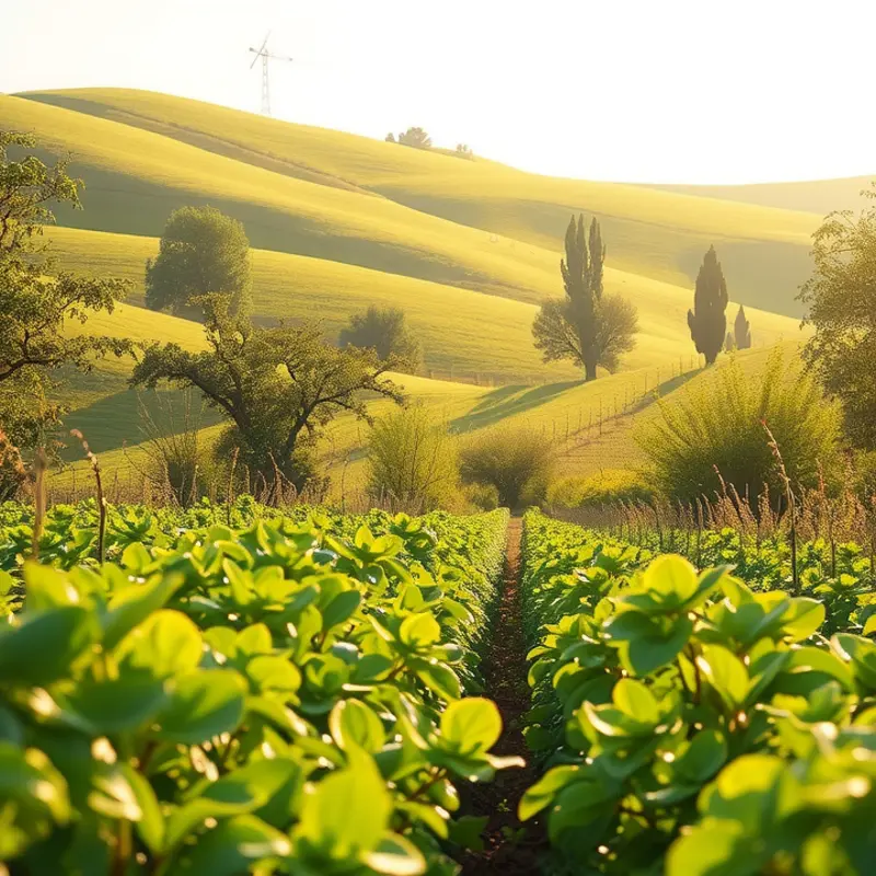 A sunlit organic farm filled with vibrant vegetables and fruits.