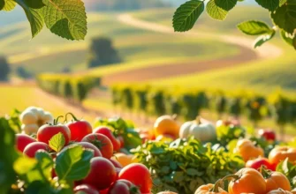 A scenic landscape featuring a lush organic orchard with various fruits and vegetables growing.