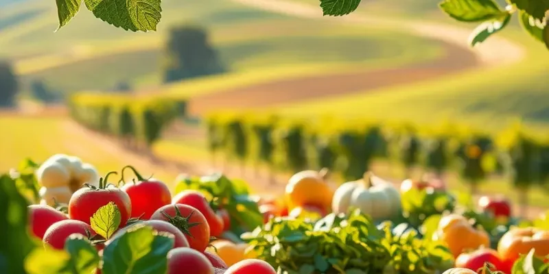 A scenic landscape featuring a lush organic orchard with various fruits and vegetables growing.