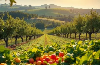 A lush green orchard filled with organic fruits and vegetables, showcasing the beauty of natural produce in a healthy environment.