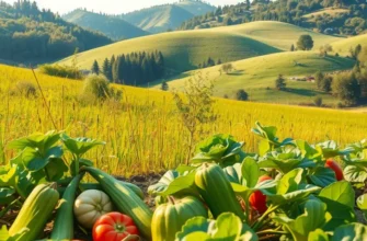A vibrant orchard rich with organic fruits and vegetables basking in natural sunlight.