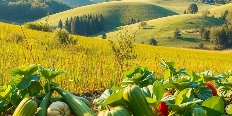 A vibrant orchard rich with organic fruits and vegetables basking in natural sunlight.