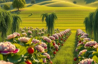 A beautiful landscape scene of an orchard showcasing organically grown fruits and vegetables.
