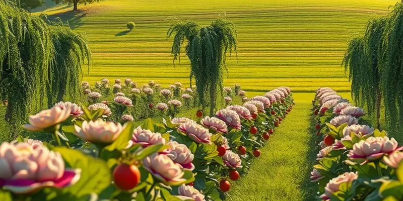 A beautiful landscape scene of an orchard showcasing organically grown fruits and vegetables.