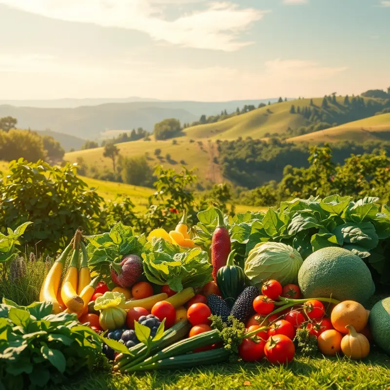 A sunlit field showcasing the abundance of organic fruits and vegetables.