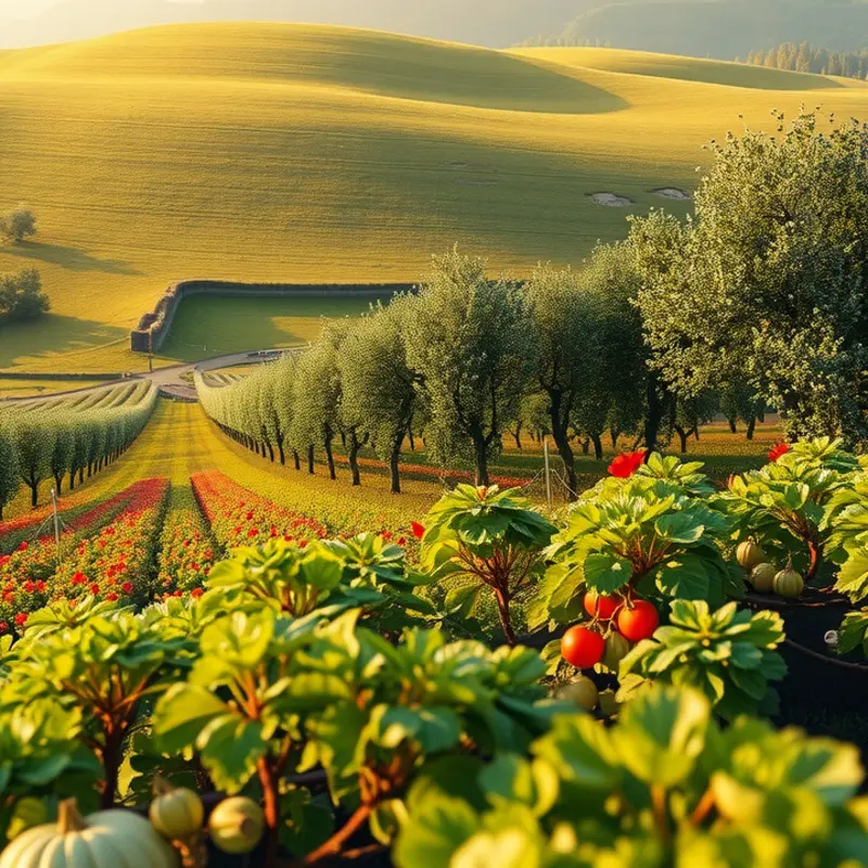 A vibrant sunlit field full of organic vegetables and fruits.
