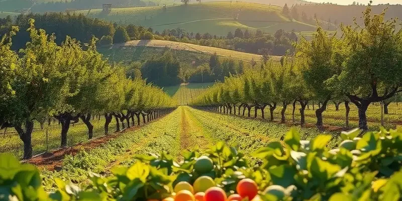 A lush green orchard filled with organic fruits and vegetables, showcasing the beauty of natural produce in a healthy environment.