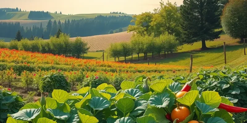 A bright sunlit orchard with abundant healthy produce growing in natural surroundings.