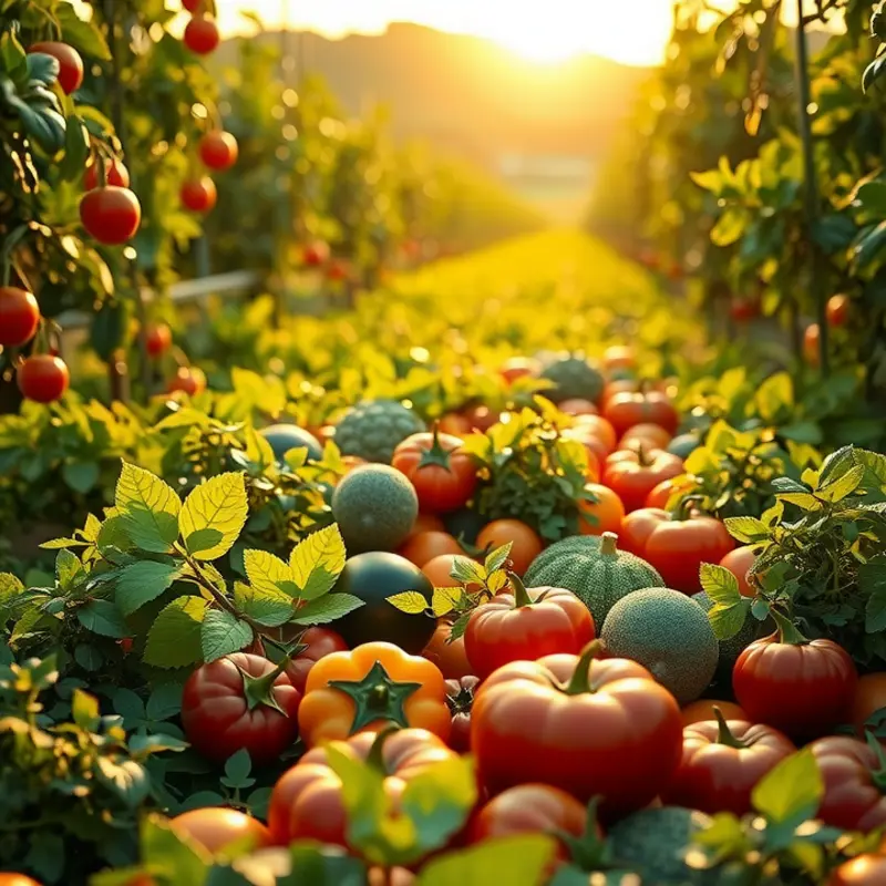 A sunlit field brimming with vibrant fruits and vegetables representing healthy organic nutrition.