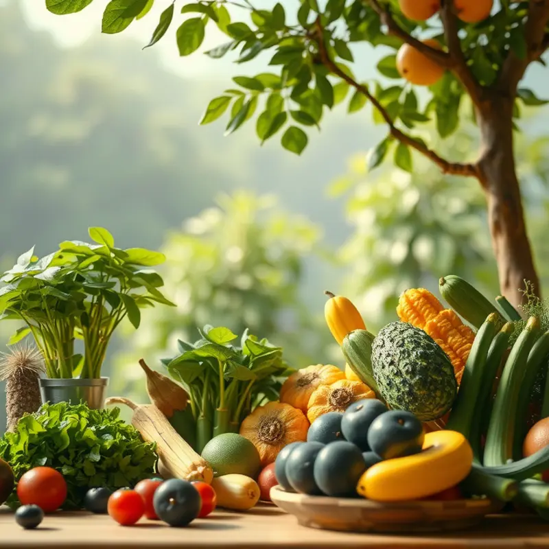 A vibrant sunlit field filled with healthy fruits and vegetables.