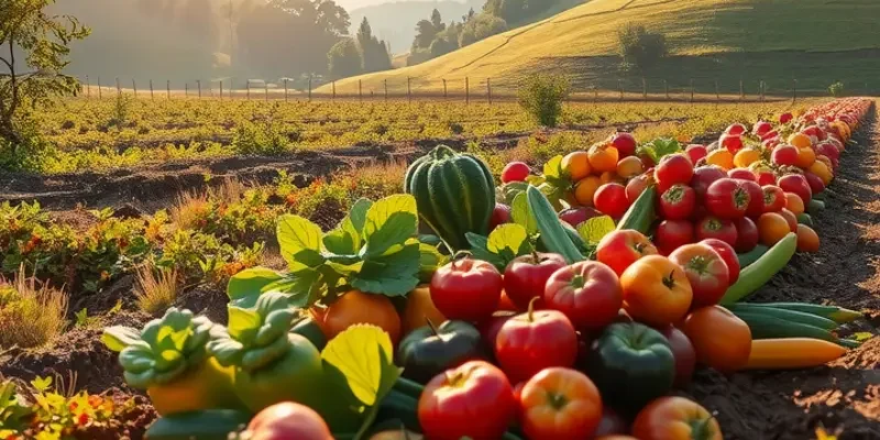 A serene landscape showcasing a rich variety of organic fruits and vegetables growing in a sunlit atmosphere.