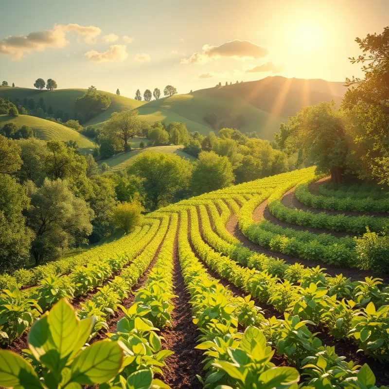A vibrant orchard abundant with organic produce, including papayas.