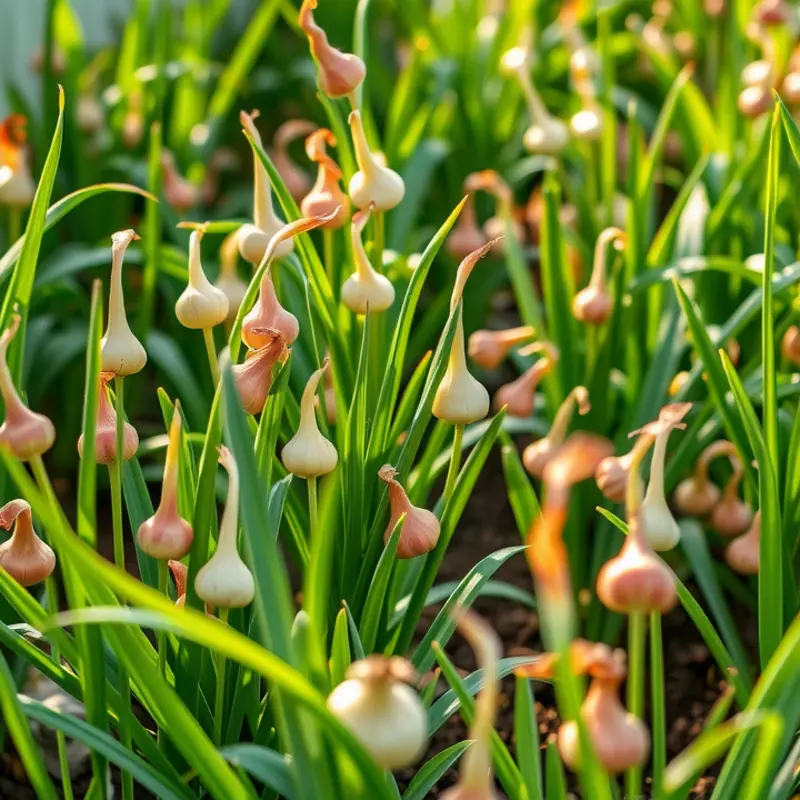 A sunlit garden showcasing abundant shallots, highlighting their organic growth.