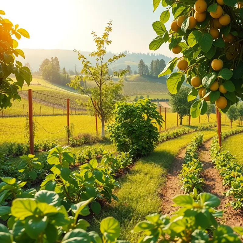 A sunlit orchard abundant with vibrant fruits and vegetables, symbolizing fresh meal options.