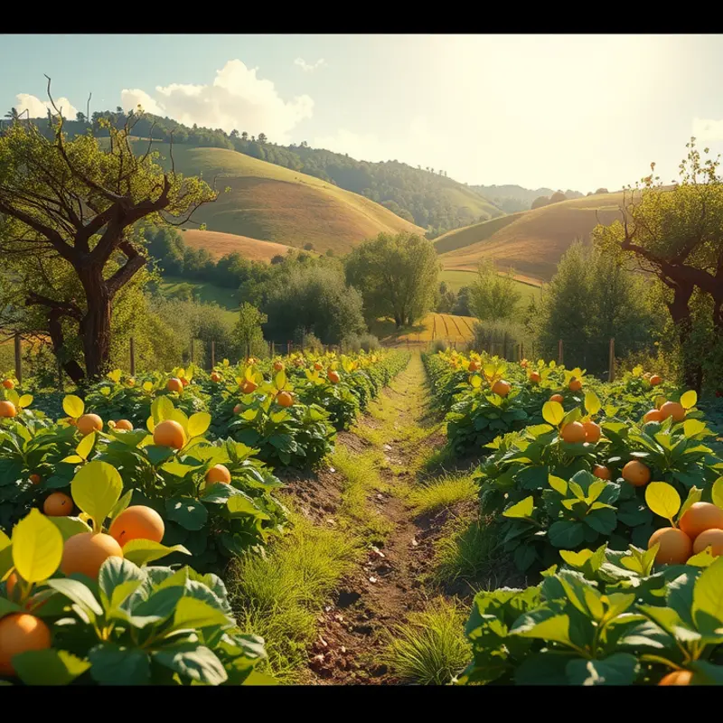A picturesque orchard flourishing with vibrant fruits and vegetables in natural light.