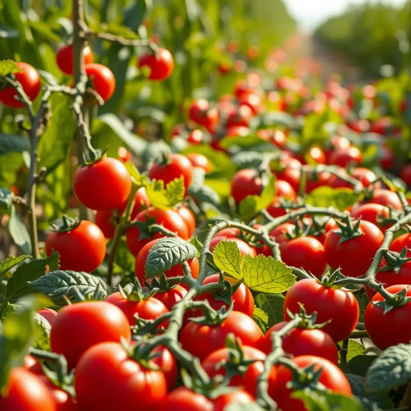 A vibrant tomato field brimming with ripe tomatoes, symbolizing the spirit of La Tomatina.