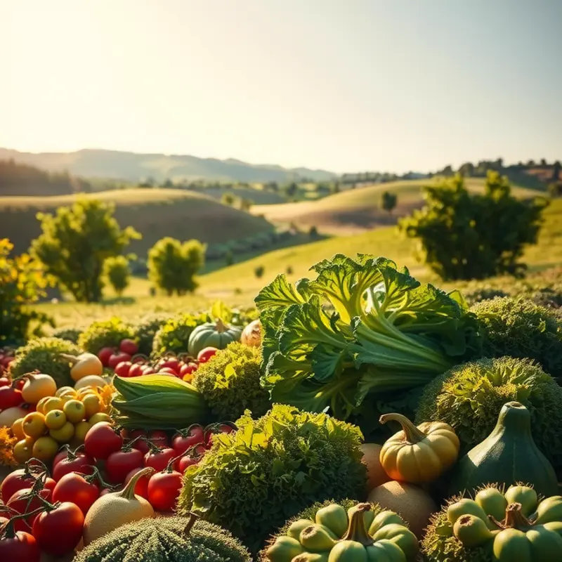 A vibrant sunlit field filled with lush vegetables and fruits, representing the abundance of organic produce.