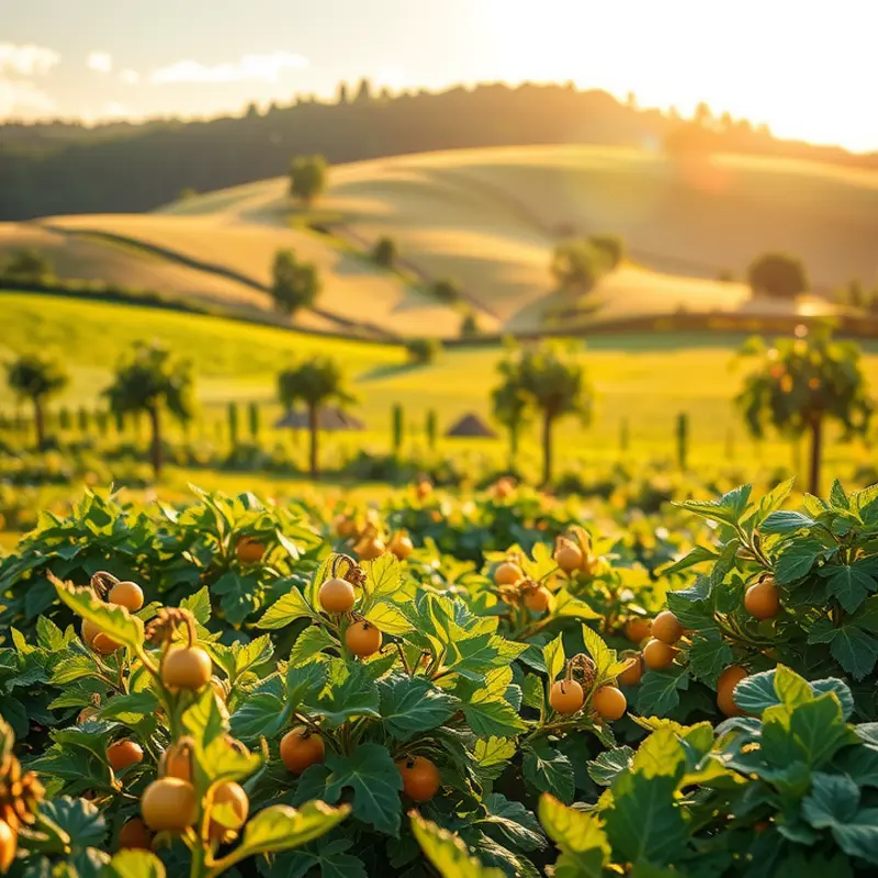 A vibrant sunlit orchard showcasing an abundance of fresh fruits and vegetables.