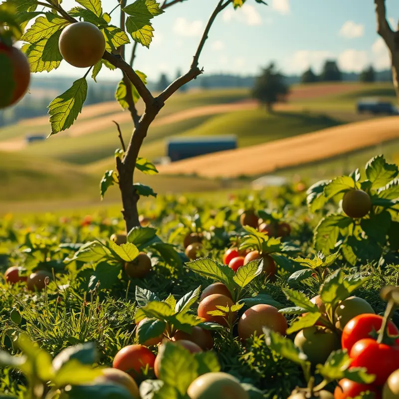 A sunlit field showcasing the abundance of organic fruits and vegetables.