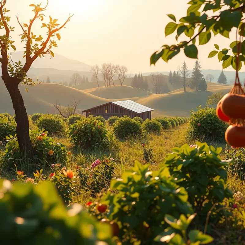 A scenic view of a sunlit orchard filled with vibrant crops.