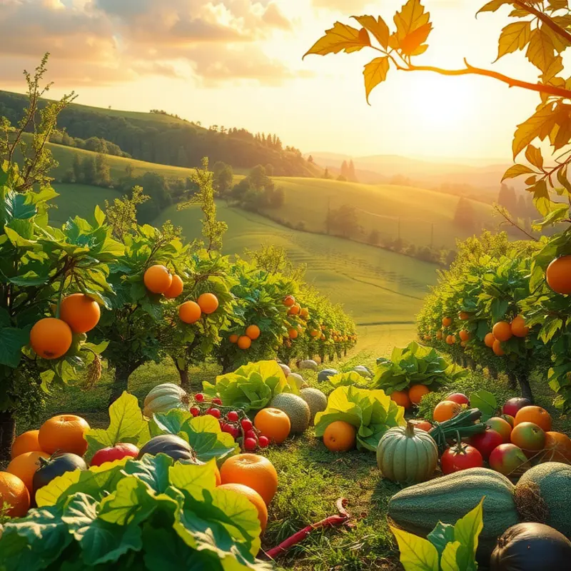 A sunlit field illustrating vibrant organic produce against a lush green backdrop.