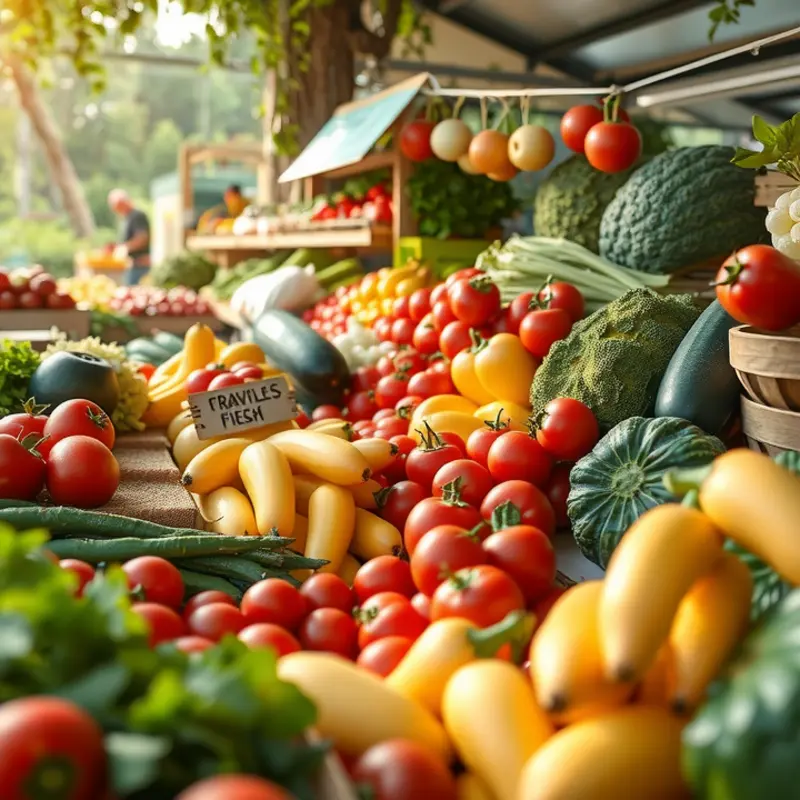 A sunlit field showcasing vibrant vegetables and fruits in lush greenery.