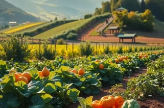 A picturesque landscape with sunlight illuminating an orchard full of fruits and vegetables.